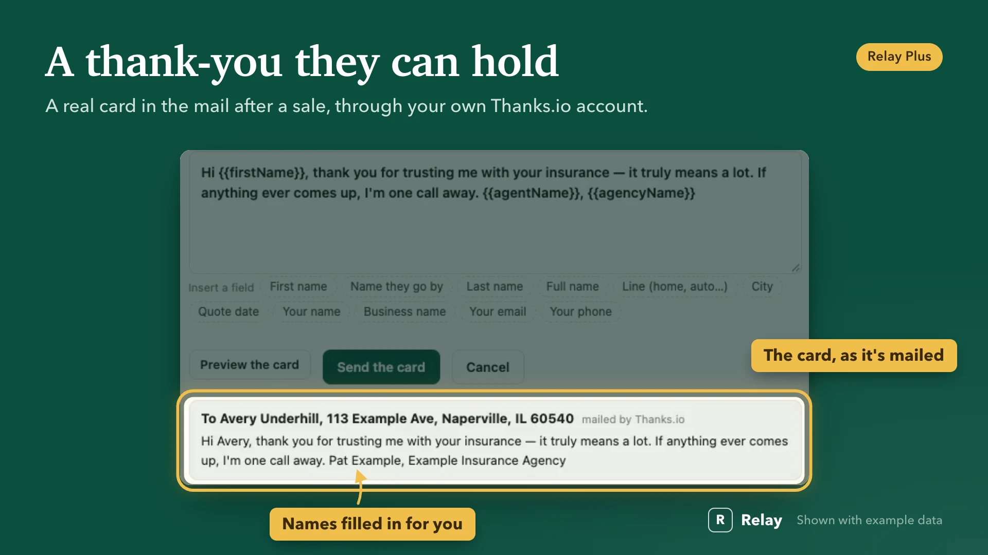 A thank-you they can hold. A real card in the mail after a sale, through your own Thanks.io account.